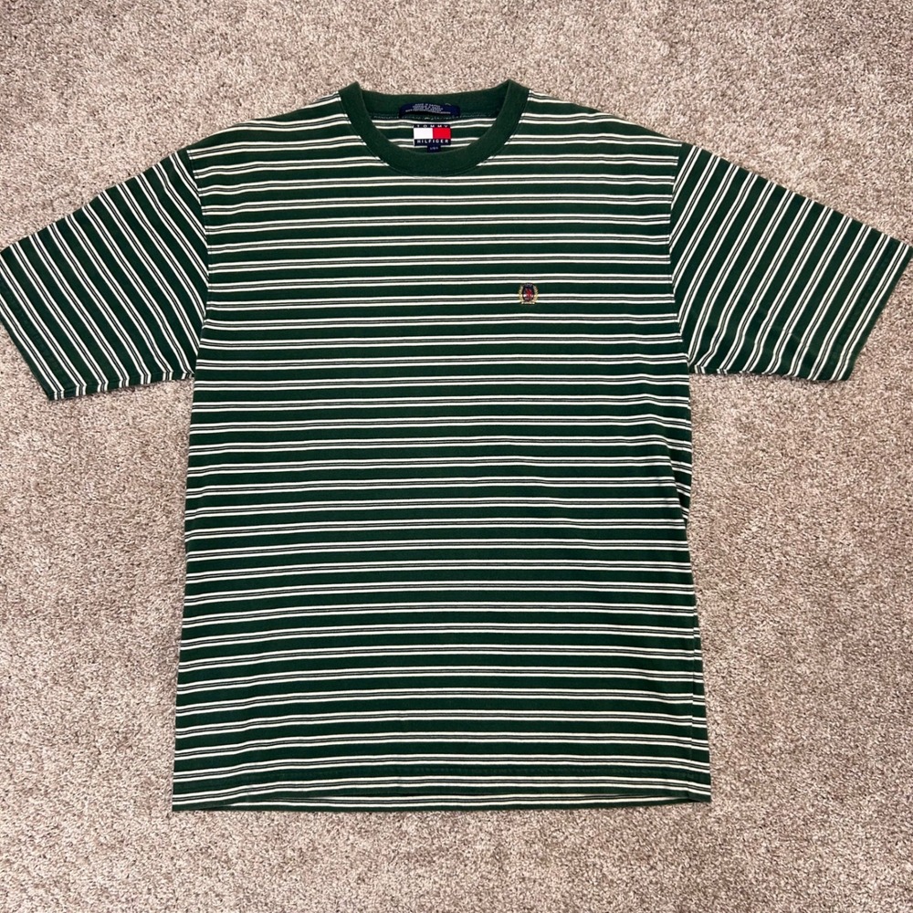 Vintage 90s Tommy Hilfiger Striped Tshirt Crest Men Size Large Green Crewneck - Picture 2 of 7